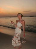 Sexy Hollow-out Crochet Dress Women Fashion Solid Sleeveless Backless Halter Maxi Dresses 2026 Summer Lady Vacation Lace Robe