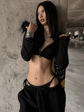 Furry Patchwork Jacket Women Hooded Autumn Trend Zip Super Short Full Sleeve Simple Wild Gothic Punk Street Club Coat
