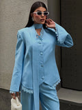 Lace Trim Two Piece Set Tie Neck V Neck Waistcoat Slit Sleeve Blazer Wide Leg Trousers 2026 Autumn  Lady Elegant Chic Outfit