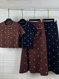 Elegant Beaded Two Piece Set for Women Round Neck Short Sleeve Cropped Top A Line Maxi Skirt for Office Daily Party Suit