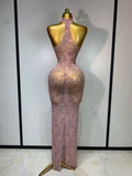 Women Sexy Backless Pink Diamond Mesh See Through Long Dress Evening Club Party Celebrity Elegant Stage Performance Costume