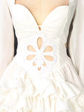 Fashion Style White Cutout Floral Accent Gown for Women Square Collar Puff Sleeve Asymmetric Train Skirt for Beach Elopement