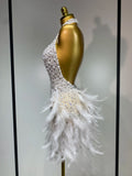 Luxury Rhinestones Pearls Halter Backless Short Feathers Dress Women Sexy Celebrate Birthday Dress Performance Dance Costume
