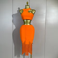 Elegant Celebrity Evening Club Party Prom Luxury Birthday Dress Women Sexy Top Short Tassel Skirt Orange Bandage Two Pices Set
