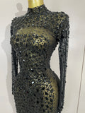 New Sexy Sparkling Red Crystals Feathers Long Sleeve Mermaid Maxi Dress Women Wedding Celebrate Luxury Birthday Party Prom Gown