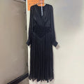 French Retro Vacation Dress for Women V Neck Lantern Sleeve Spliced Bead Square Scarf Tunic Temperament Long Dresses Female