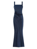 Sexy Satin Evening Long Dresses for Women Square Collar Sleeveless High Waist Folds Slimming Bodycon Dress Female