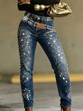 Women Denim Pant High Waist Skinny Stretchy European Casual Daily Fashion Elegant Rhinestone Autumn Spring
