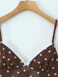Casual Coffee Polka Dot Two Piece Set for Women Lace Trim Cami Sheer Mesh Ruffled Midi Skirt Set for Vintage Dates
