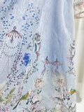 Blue Retro Romantic Floral Print Swing Dress for Women Stand Collar Flare Sleeve Waist Tie Design Mid Skirt for Travel Shoot