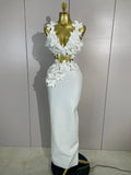 Sexy White Two Pieces Set Flowers V-Neck Tops Bodycon Long Dress Women Eveing Party Prom Gown Nightclub Celebrate Birthday Dress