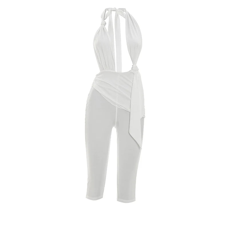 Knot Decoration Playsuit Women Halter Bandage Backless Tassel Folds Deep v-Neck Seeveless Elasticity Sexy Romper