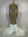 New Sexy Sparkling Red Crystals Feathers Long Sleeve Mermaid Maxi Dress Women Wedding Celebrate Luxury Birthday Party Prom Gown