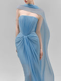 Light Blue Ruched Bodycon Mermaid Maxi Dress for Women for Cape Sleeve Design Draped Skirt for Red Carpet Award Ceremonies