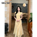 Olive Girl Yellow Dramatic Qipao for Ren Faire 2026 Garden Wedding Fairycore Photoshoot Everyday Wear S-XXL XS-3XL Plus Size Dramatic Silhouette Romantic Garden Party Editorial Not Costume Qipao Cheongsam Chinese Dress Chinese Heritage Fashion Women