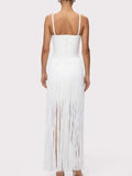 Fashion Sweetheart Spaghetti Strap Maxi Dress for Women Solid Fringe Floor Length Bodycon Back Zipper for Evening Party Club