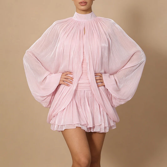 Chic Birthday Party Pink Pleates Ruffled Mini Dress for Women Strapless Design Shiny Fabric with Smock for Stylish Outings
