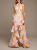Halter Deep V Maxi Dress for Women Tie back Backless Asymmetrical Ruffle Floral Print Ruched Waist Split for Beach Vacation