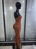 Brown Color Women Sexy Strapless Shining Diamond Keyholes Bodycon Mid-calf Bandage Dress Nightclub Party Celebrate Birthday Wear