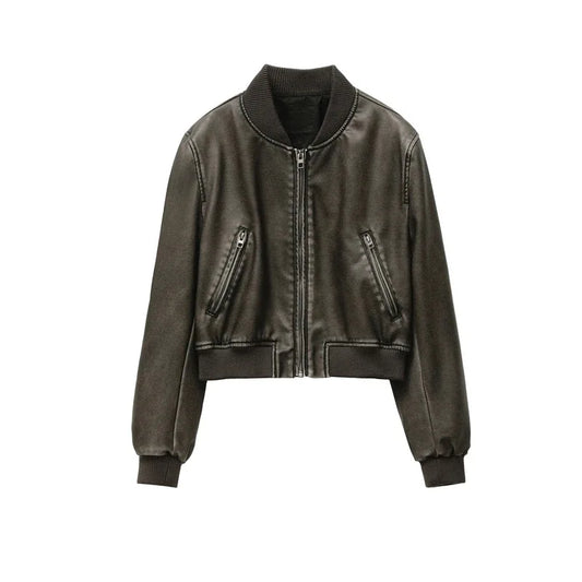 Women's Jacket New Vintage Imitation Leather Bomber Jacket Coat Top Women's Style