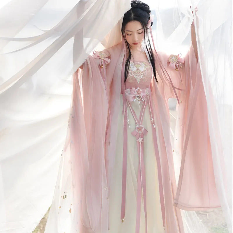 Olive Girl Pink Embroidered Fairy Dress for Ren Faire 2026 Garden Wedding Fairycore Photoshoot Everyday Wear S-L XS-3XL Plus Size Embroidered Flowing Sleeve Romantic Editorial Not Costume Fairy Dress Cottagecore Dress Chinese Heritage Fashion Women