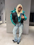 Black White Color Block Puffer Jacket Womens Zip Up Oversized Loose Fit Warm Coat Fall Winter Streetwear Daily Trendy Outerwear