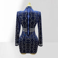 Women's Autumn Winter Rhombus Rhinestone Waist-Hugging Blue Velvet Dress Glam Luxury Party Evening Stage Performance Gown Dress