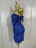 Women Blue Off The Shoulder Shiny Sequined Tassel Bodycon Mini Dress Eveing Celebrity Party Prom Birthday Club Dress Vestidos