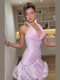 Sexy Pleated Ruffles Women's Short Dress Slim Halter Sleeveless Backless Zipper Party Dresses 2026 Summer Lady Pink Vestidoes