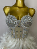 Women Sexy Elegant Evening Party Luxury Birthday Photo Shoot Performance Costume Sparkly Rhinestone Feather Mesh Long Dress