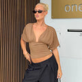 Sexy Deep V-Neck High-Waisted Spliced T-Shirt Women Fashion Solid Waist Shaping Short Sleeves Top Summer Street T-Shirt