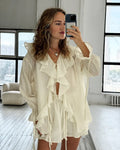 New Casual Shorts Two-piece Set Women's Ruffled Loose Tie Top Simple Shorts Set Office Lady Summer Female Shorts Set