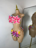 Women Sexy Tropical Handmade Flower Trendy Bikini Two Pieces Transparent Floral Swimsuit Beach Outfit Dancer Performance Costume