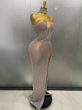 Luxurious Full Rhinestones Mesh Transparent Long Dress Women Birthday Celebrate Evening Prom Dress Party Club Stage Costume