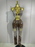 Sparkly Rhinestones Chains Leopard Print Bikini Top Pants Two Pieces Set Sexy Eveing Party Birthday Nightclub Dancer Stage Wear