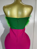 Luxury Celebrity Evening Party Birthday Dresses Women Sexy Green Feather Strapless Color Block Plaid Bodycon Midi Bandage Dress