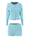 Two Piece Set For Women O Neck Lantern Sleeve Patchwork Buttons Tunic Cardigan Mid Waist Shorts Casual Suit Female