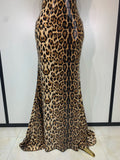 Women Sexy Sleeveless Halter Backless Leopard Sequin Mermaid Maxi Long Dress Bodycon Evening Party Celebrity Elegant Dress