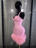 Pink Black Women Sexy Halter Off the Shoulder Sparkly Crystal Ruffles Bodycon Bandage Mini Dress Celebrate Evening Party Outfit