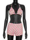 Sexy Dot Print 3 Piece Sets Women Chic Halter Bra Tops+Short Sleeves Crop Tops+Shorts Skinny Beach Vacation Clubwear
