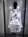Women Long Sleeve Mesh See Through Bodycon Mini Dress Celebrate Vacation Beach Style Birthday Party Outfit