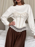 Romantic Lace Women T Shirts Round Neck Long Sleeve Elegant Fitted T Shirt for Meet Casual Street Wear Fashion New
