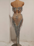 Women Sparkly Diamond Tassel Silver Strapless Mesh See Through Dress Latin Dance Bar Nightclub Party Club Dancer Stage Wear