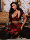 Sexy Fashion 3 Piece Set Woman Polka Dot Print Halter Bra Tops+Low-Neck Mini Sleeve Tees+Skinny Crop Pants Outfits