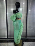 Mint White Color Women Mesh Ruffles Laced-up 2 Pieces Sequins Bodycon Long Dress Nightclub Bar Singer Party Performance Costumes