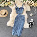 Women Denim Sets Sleeveless Strap Crop Top and Long Skirts Suits  Summer Jeans Streetwear Two 2 Piece Sets Outfits