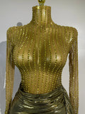 Women Sparkly Rhinestone Birthday Evening Party Nightclub Team Stage Show Costume Sexy Mesh See Through Long Sleeves Mini Dress