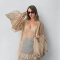Solid Spliced Mesh Loose Dresses for Women V Neck Long Sleeve High Waist Loose Casual Dress Female New