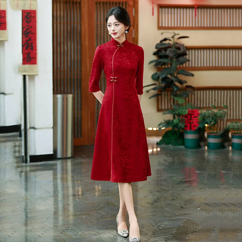 Red New Chinese Qipao Mid Sleeve Improved Retro Dress for Young Women Spring and Autumn Qipao Dress
