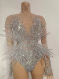 Sexy Sparkling Crystal Bodysuit Long Sleeve See Through Mesh JumpsuitEvening Party Bar Dancer Stage Wear For Female Singer